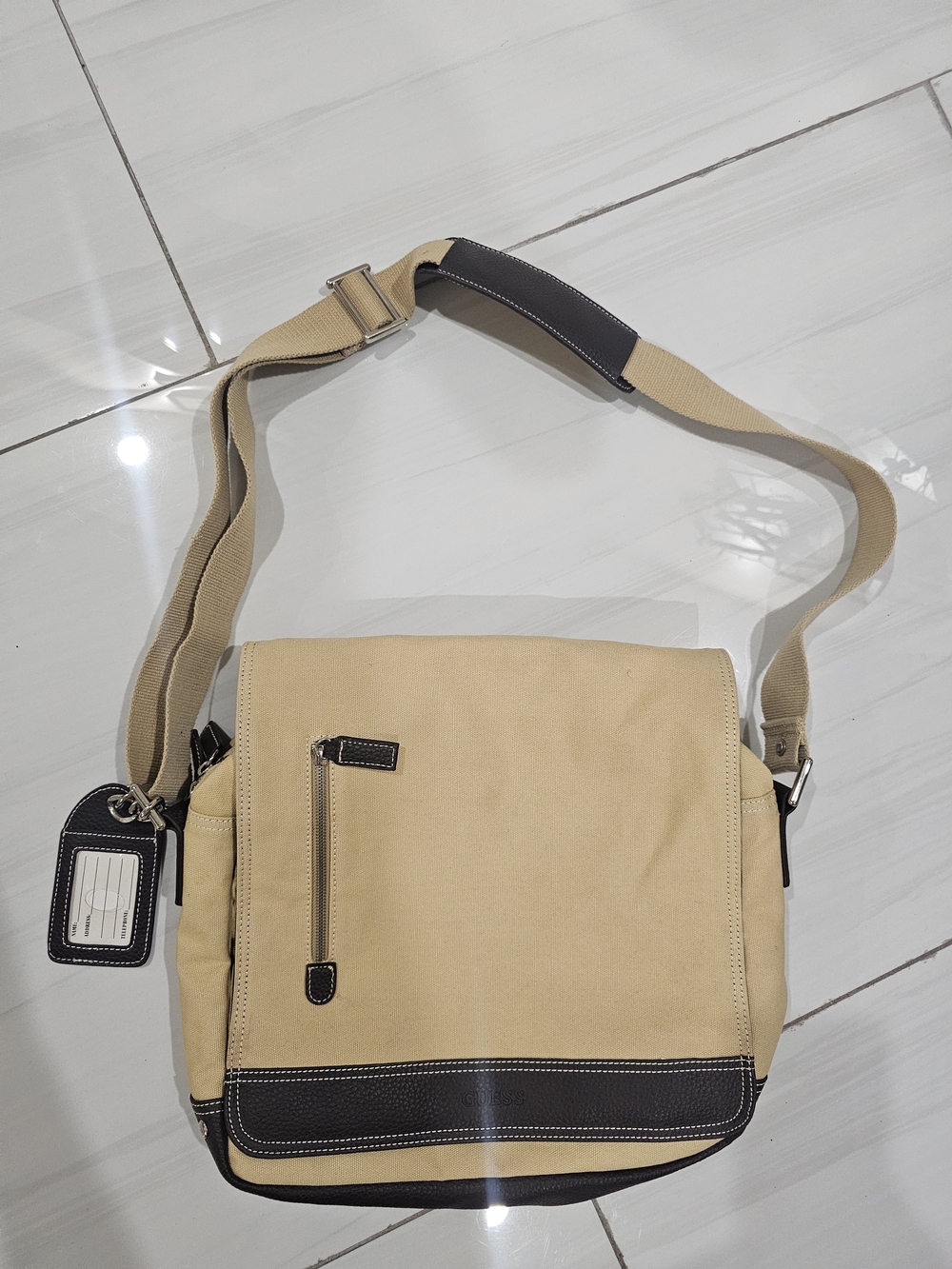 Guess Beige Canvas Messenger Bag with Dark Brown Trim